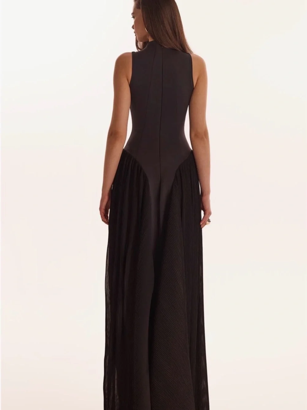 Black Tie Mock Neck Black Maxi Dress with Pleated Panels Formal Wedding Guest - Picture 3 of 7